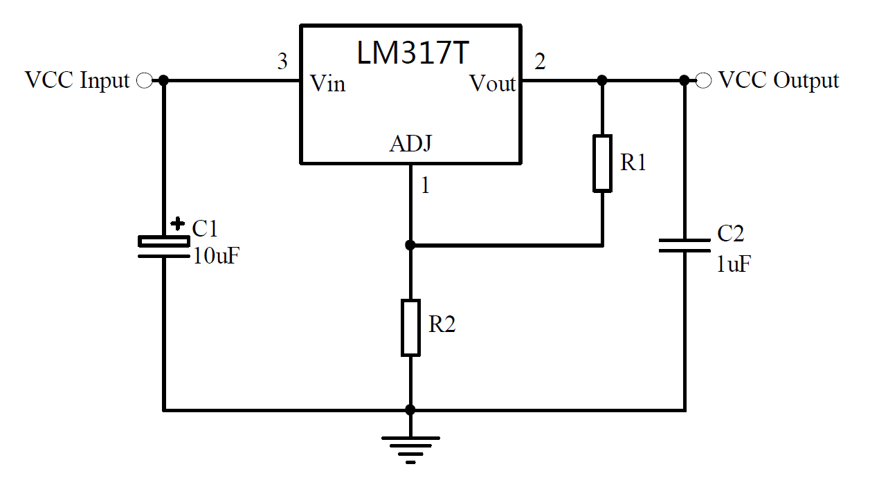 LM317T 可调稳压器典型应用电路图，包含输入电容C1、输出电容C2、R1和R2反馈网络。